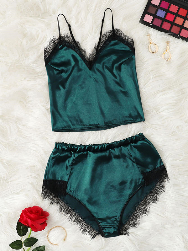 Green Satin Sleepwear Set Elastic Waist Strap