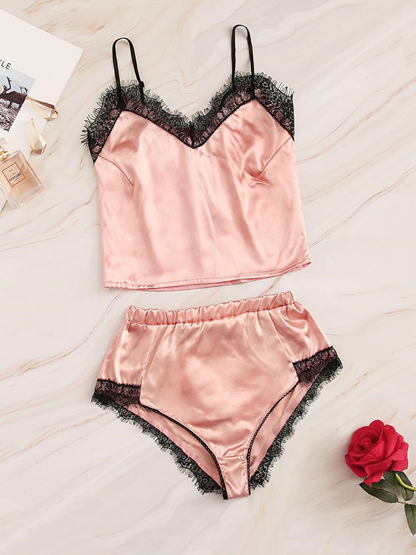 Pink Satin Sleepwear Set Elastic Waist Strap