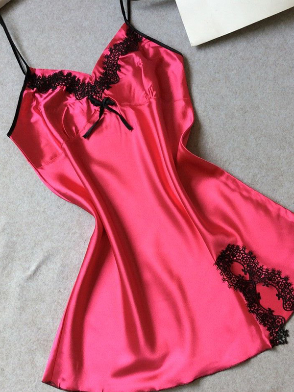 Rose V Collar Pure Color Faux Silk Sleepwear