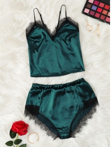 Green Satin Sleepwear Set Elastic Waist Strap