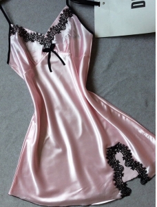 Pink V Collar Pure Color Faux Silk Sleepwear