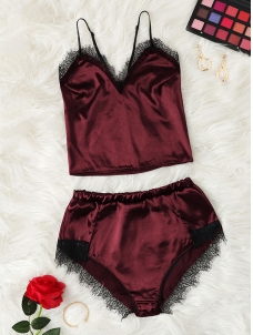 Wine Red Satin Sleepwear Set Elastic Waist Strap