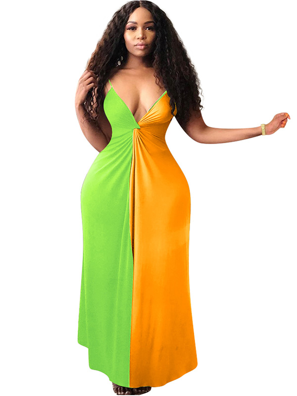 Green Women Slip Deep V Neck Maxi Dress
