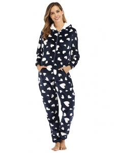Women Black Sleep Wear Long Sleeve Jumpsuit