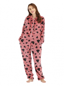 Women Red Sleep Wear Long Sleeve Jumpsuit