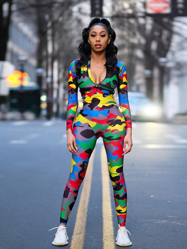 Women Fashion Colorful Zipper Long Sleeve Jumpsuit