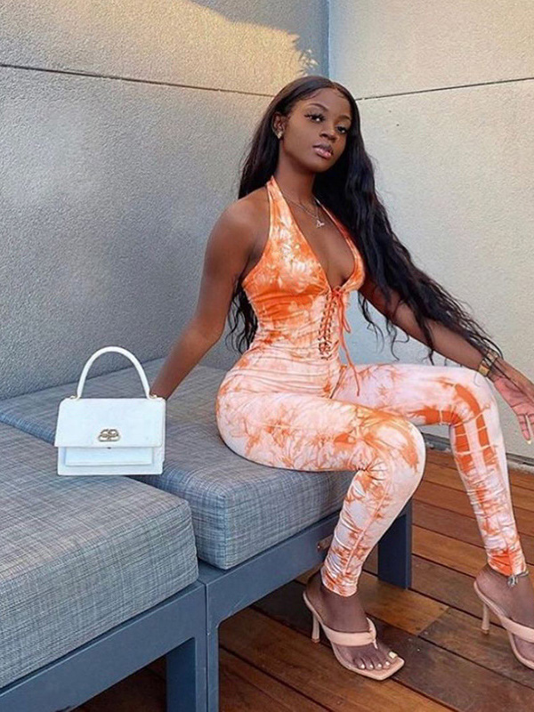 Women Halter Deep V Neck Jumpsuit