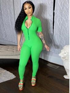 Women Short Sleeve Zipper Jumpsuit