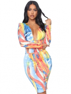 Deep V Neck Women Long Sleeve Midi Dress