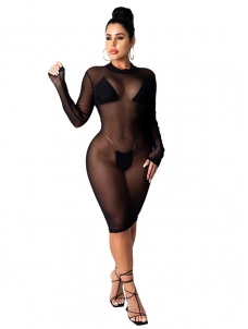 Women Transparent Long Sleeve Maxi Dress