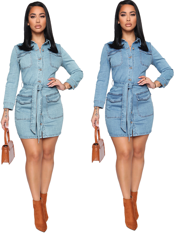 Women Long Sleeve Denim Mini Dress