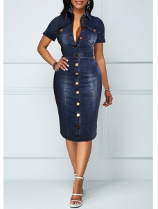 Women Denim Short Sleeve Midi Dress