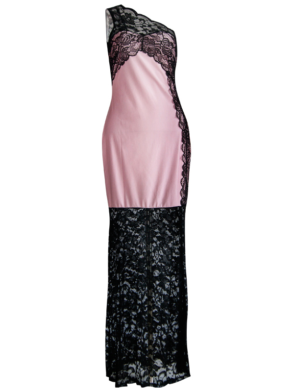 Pink Lace Detail One Shoulder Side Slit Maxi Dress