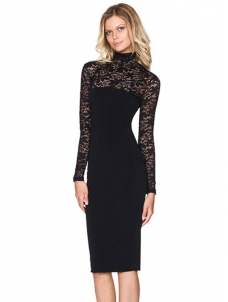 Black Women Lace Stitching Midi Dresses