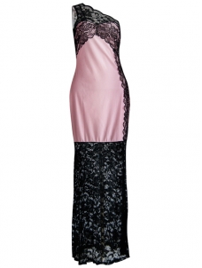 Pink Lace Detail One Shoulder Side Slit Maxi Dress