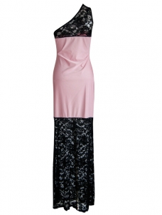 Pink Lace Detail One Shoulder Side Slit Maxi Dress