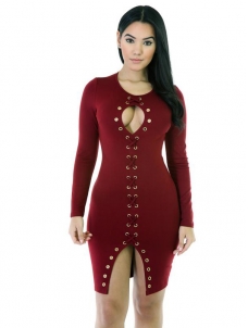 Sexy Wine Red Lace-Up Keyhole Bodycon Dress