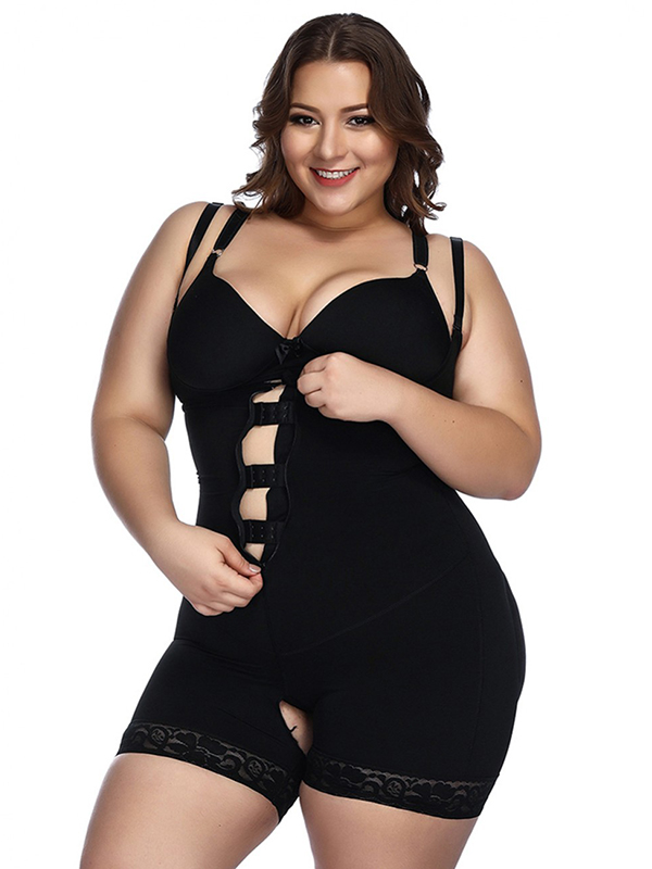 Black Underbust Bodysuits Boyshort Open Crotch Lace Slimming Belly