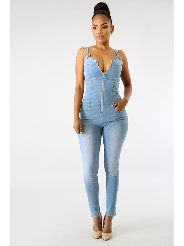 Women Sexy Deep V Neck Denim Jumpsuit