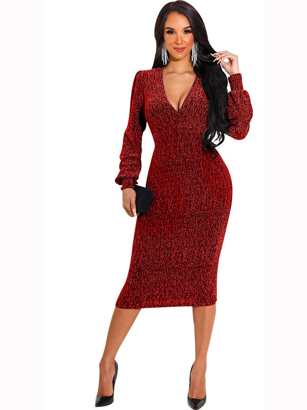 Women Long Sleeve Bodycon Midi Dress