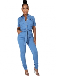 Women Short Sleeve Jeans Jumpsuit