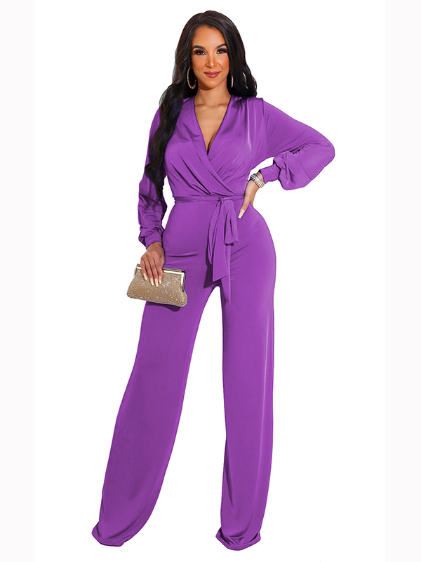 Women Deep V Neck Long Sleeve Jumpsuit