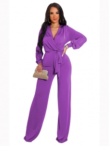 Women Deep V Neck Long Sleeve Jumpsuit