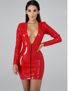 Women Vinly Zipper Long Sleeve Mini Dress