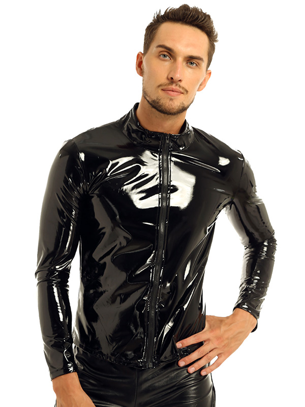 Mens Metallic Latex T-shirt Coat Wet Look Clubwear PVC Leather Zipper Shirts Club Costume Male Streetwear Autumn Jacket 