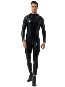 Men Latex Catsuit Wet Look Shiny Patent Leather Hooded Bodysuit Zipper Skinny Jumpsuits Nightclub Halloween Role Play Co