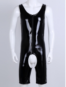 Mens Lingerie Latex Teddies Catsuit Gay Patent Leather Sexy Bodysuit Wetlook with Zipper Sissy Crotchless Cut Out Body S
