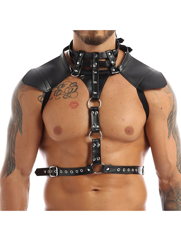 Harness Mens Leather Belt Halter Neck Adjustable Buckles Body Chest Harness Belt with Metal O-rings Strap Gay Fancy Sex 
