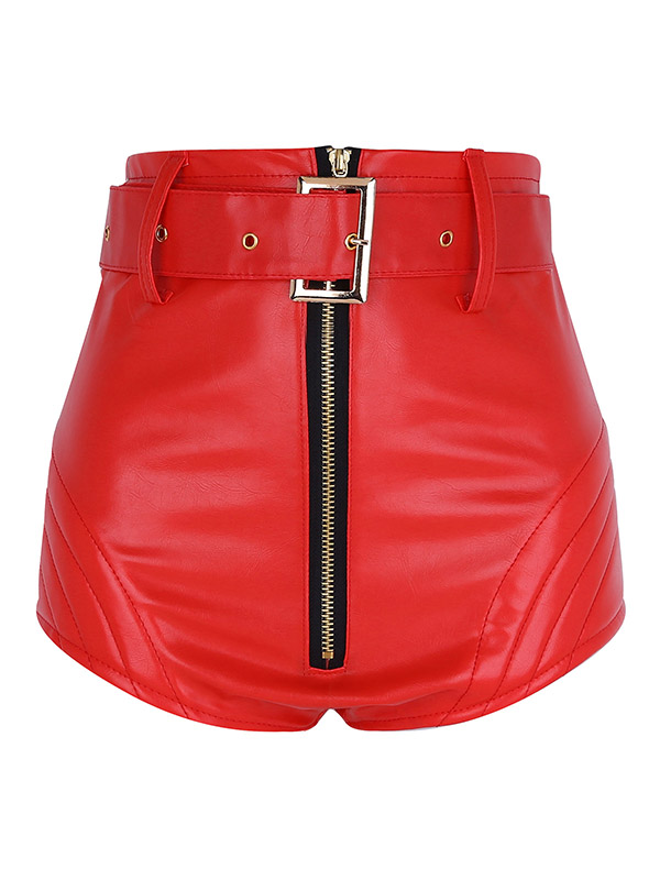 Sexy Lady Womens Shorts Wetlook PU Leather Front Zipper High Waisted Bodycon Shorts Bottoms with Belt Night Clubwear Sho