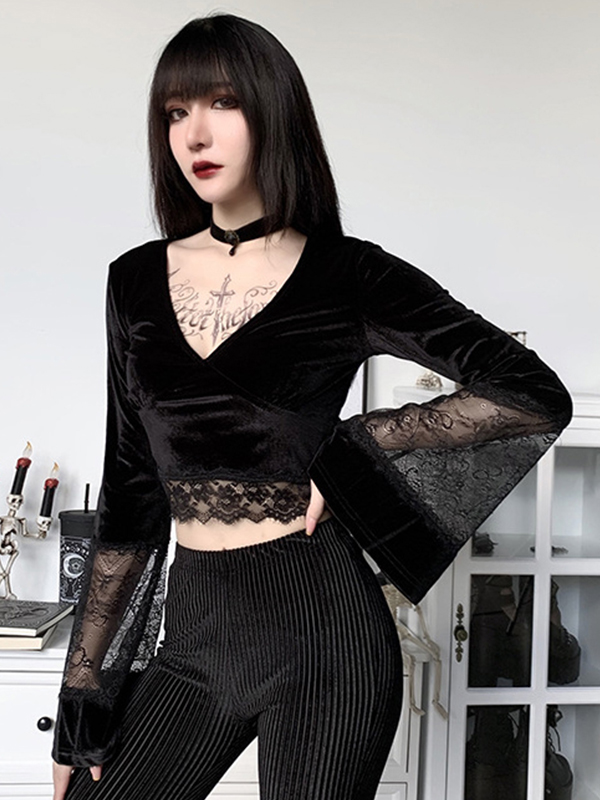 Women Gothic Summer Long Sleeve Cropped Tops