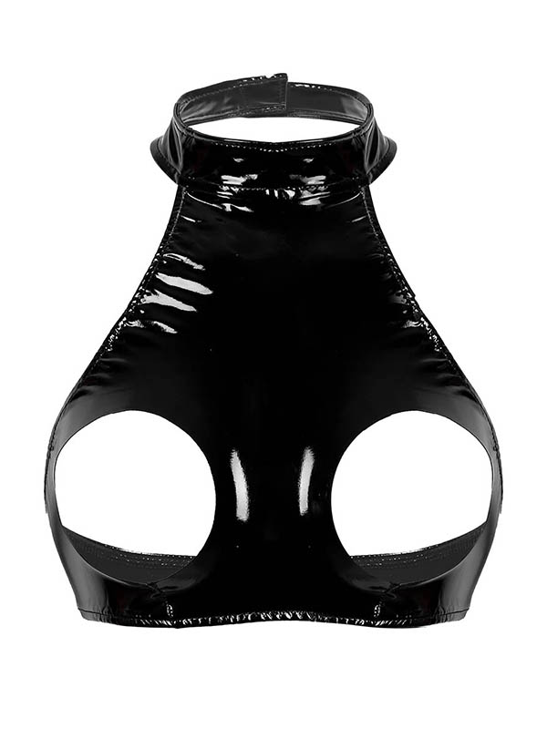 Women Latex Open Cup Leather Bra for Sex Wet Look Hot Sexy Bra Top Halter Neck LingerieOpen Bust Crop Tank Top Exotic Co