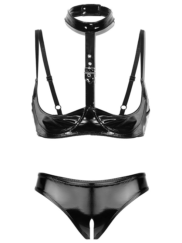 Womens Sexy Patent Leather Nightwear Erotic Latex Slutty Lingerie Set Open Cup Shelf Bra+Crotchless Briefs Club Stripper