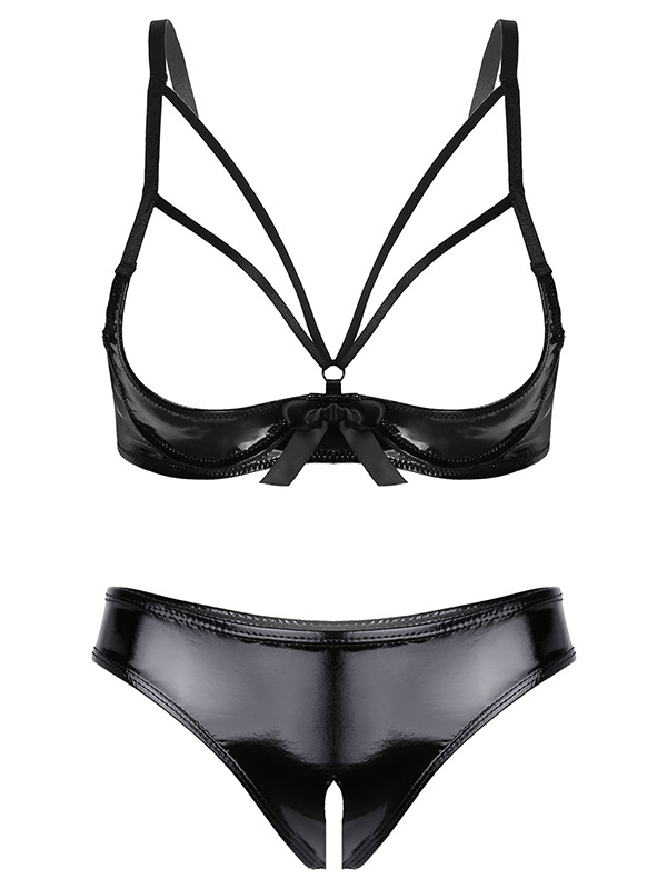 Womens Sexy Patent Leather Nightwear Erotic Latex Slutty Lingerie Set Open Cup Shelf Bra+Crotchless Briefs Club Stripper