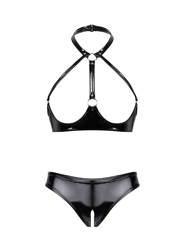 Womens Sexy Patent Leather Nightwear Erotic Latex Slutty Lingerie Set Open Cup Shelf Bra+Crotchless Briefs Club Stripper
