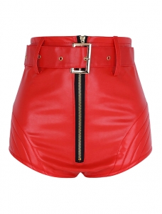 Sexy Lady Womens Shorts Wetlook PU Leather Front Zipper High Waisted Bodycon Shorts Bottoms with Belt Night Clubwear Sho