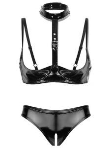 Womens Sexy Patent Leather Nightwear Erotic Latex Slutty Lingerie Set Open Cup Shelf Bra+Crotchless Briefs Club Stripper