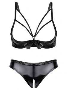 Womens Sexy Patent Leather Nightwear Erotic Latex Slutty Lingerie Set Open Cup Shelf Bra+Crotchless Briefs Club Stripper