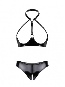 Womens Sexy Patent Leather Nightwear Erotic Latex Slutty Lingerie Set Open Cup Shelf Bra+Crotchless Briefs Club Stripper