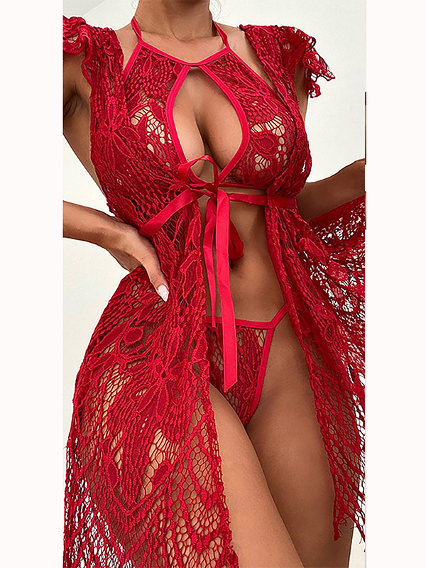 Women Wine Red Lace Bra+ Panty+ Short Gown