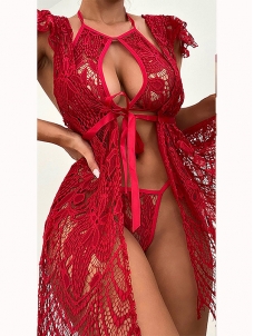 Women Wine Red Lace Bra+ Panty+ Short Gown