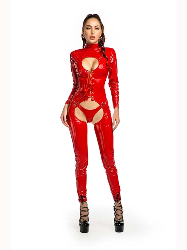 Red Women Long Sleeve Sexy Vinyl Jumpsuit