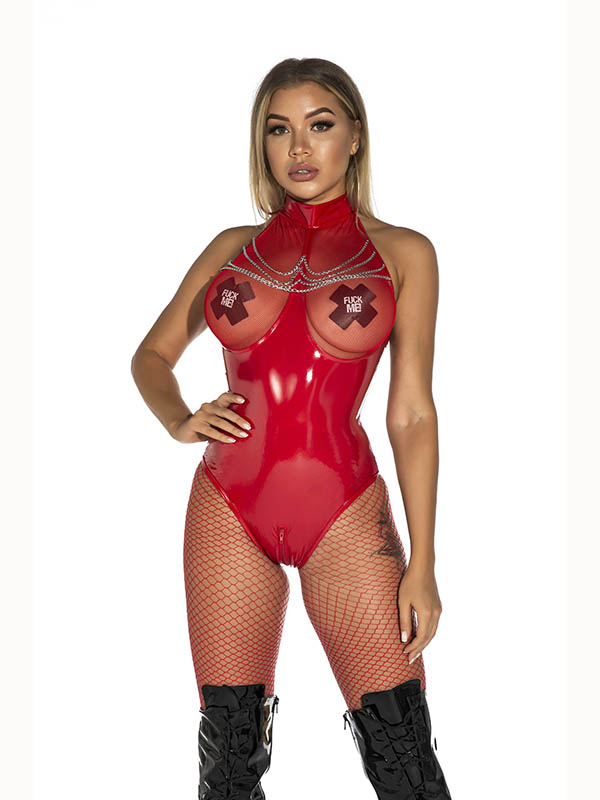 Red Women Sexy Halter Vinyl Teddies Lingerie