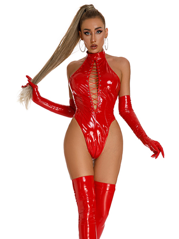 Red Women Sexy Lace Up Vinyl Teddies Lingerie