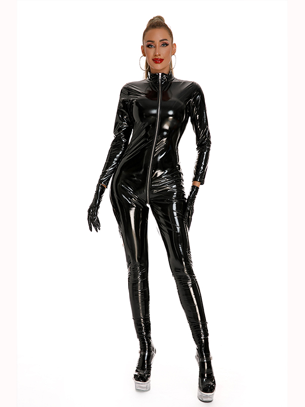 Women Black Vinyl Zipper Jumpsuit