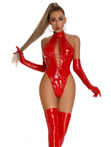 Red Women Sexy Lace Up Vinyl Teddies Lingerie