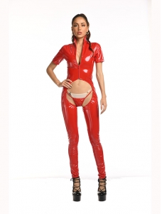 Women Red Vinyl Zipper Jumpsuit